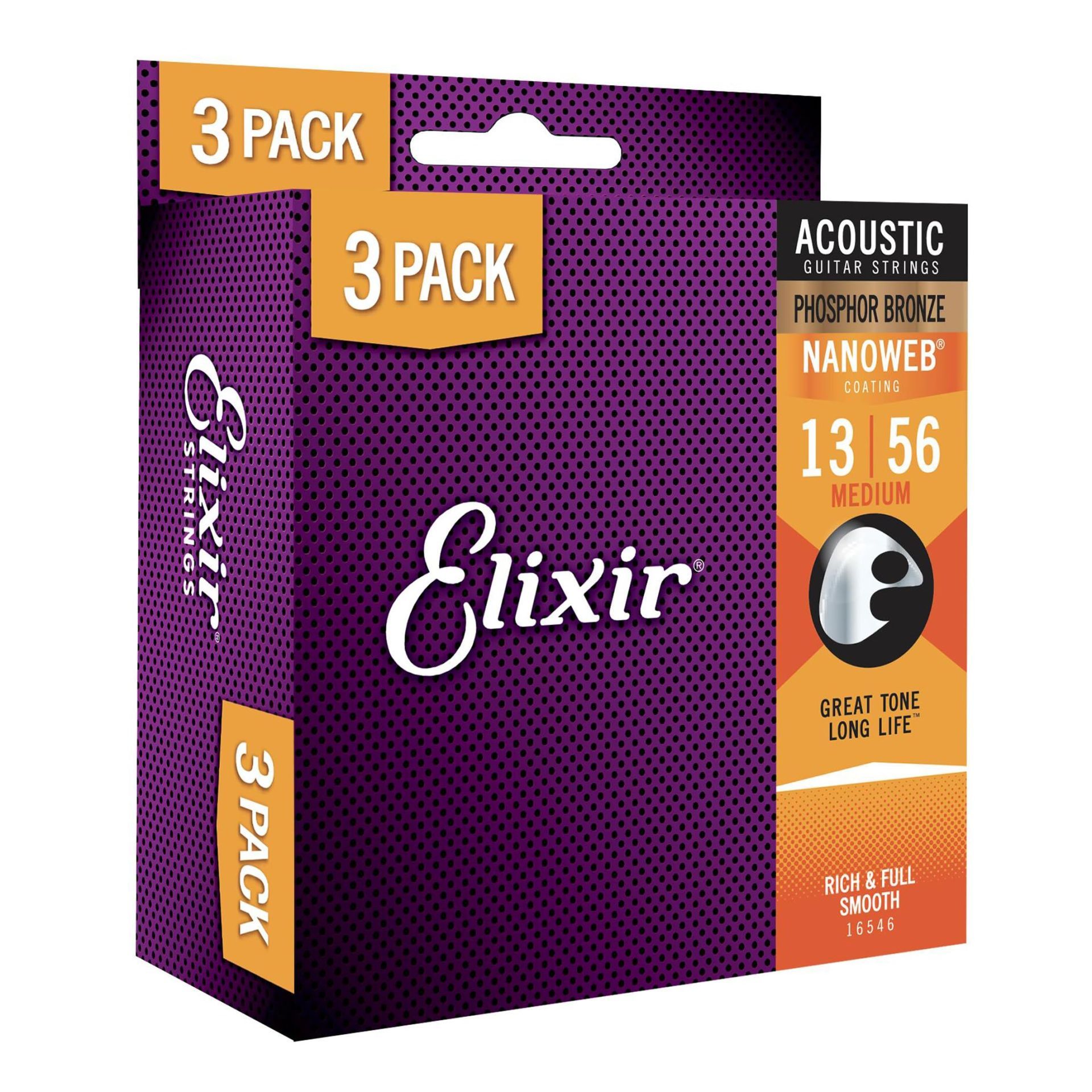 Elixir 16546 Acoustic Phosphor Bronze Nanoweb 3Pack Medium 013-056